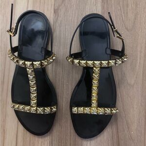 Stuart Weitzman Black T-Strap Sandals with Gold Studs